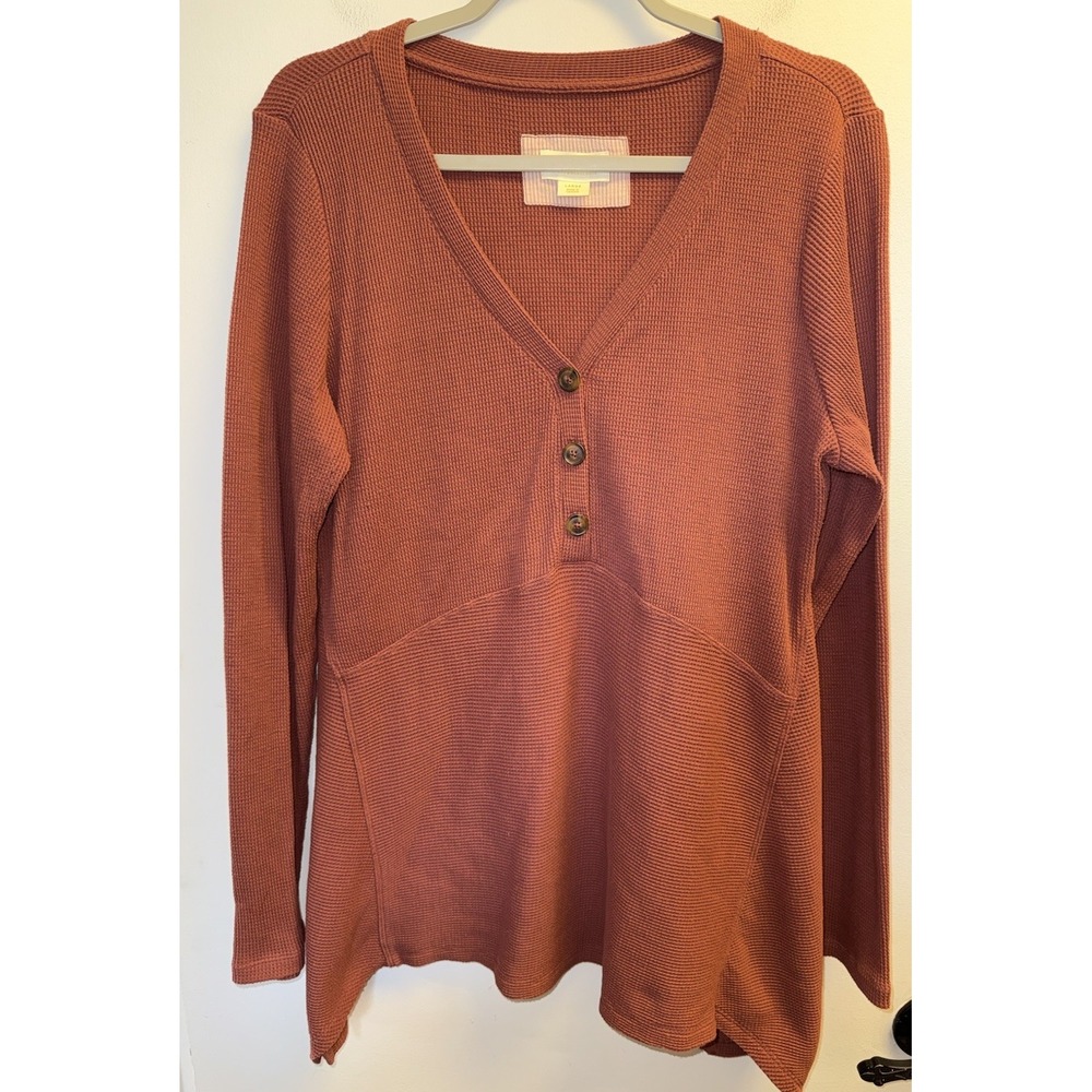 Maeve by Anthropologie Eliza Waffle Knit Henley Babydoll Tunic Top in Rust Large